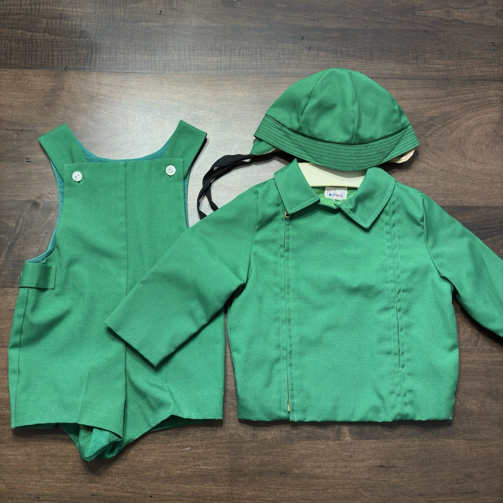 Vtg 60s Child Toddler Green Jacket Hat And Romper Outfit Set Boys By Oxford 3T?